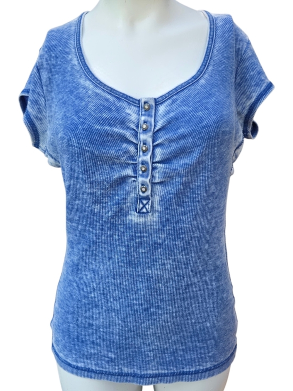 Vintage Guess Blue Washed Short Sleeve Henley Top Medium Y2K